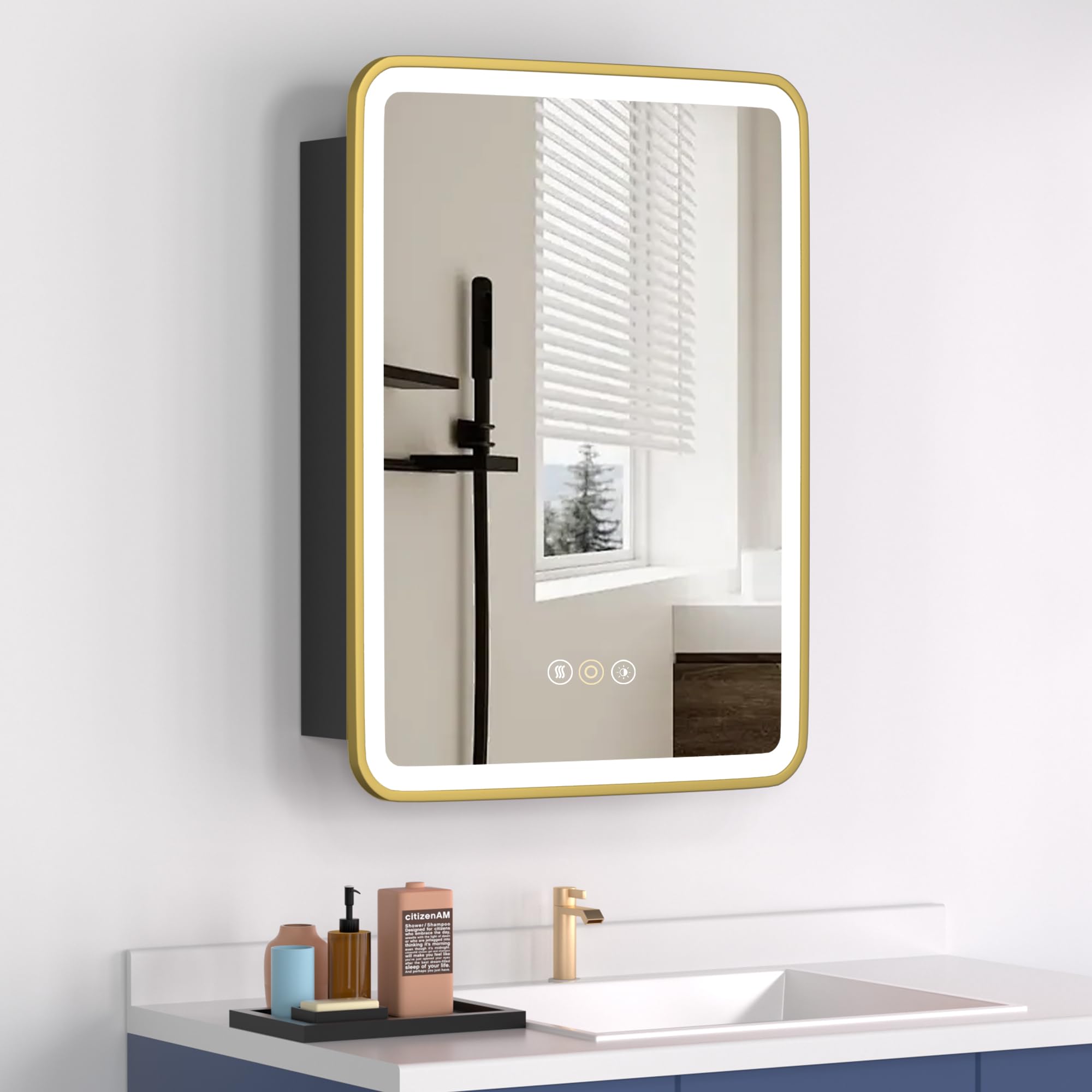Medicine Cabinet with LED Lights and Mirror, 20W x 28H Inch Wall or Recessed Mounted Bathroom Cabinet with Left Hinge, Storage Shelf, Defogger, Memory Function, 3-Color Mode, Dimmer, Gold