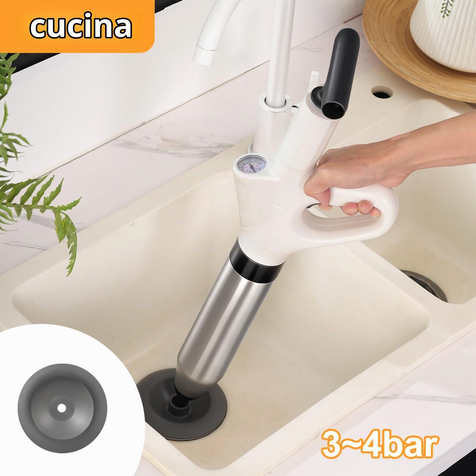 Pompa Stura Scarichi a Pressione, Sturatubi Aria Compressa con Barometro, Sturalavandini a Pressione con Quattro Diverse Ventose per Bagni Servizi Igienici Lavabi