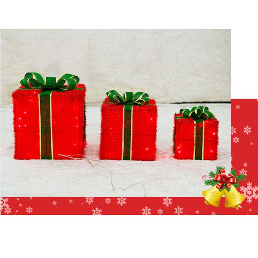 Cajas de regalo para Navidad, Cajas de regalo LED de tela de hierro con iluminación navideña, juego de 3 paquetes decorativos de Navidad, luces blancas cálidas, decoración interior y exterior(Rosso)