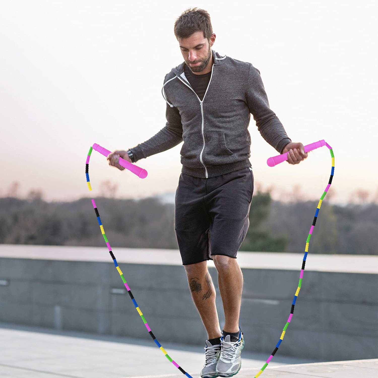 Corda per saltare lunga 4,6 m per bambini, regolabile, doppia corda per saltare olandese con manico in legno, corda per saltare multiplayer per divertimento all'aperto, sport scolastici, giochi di