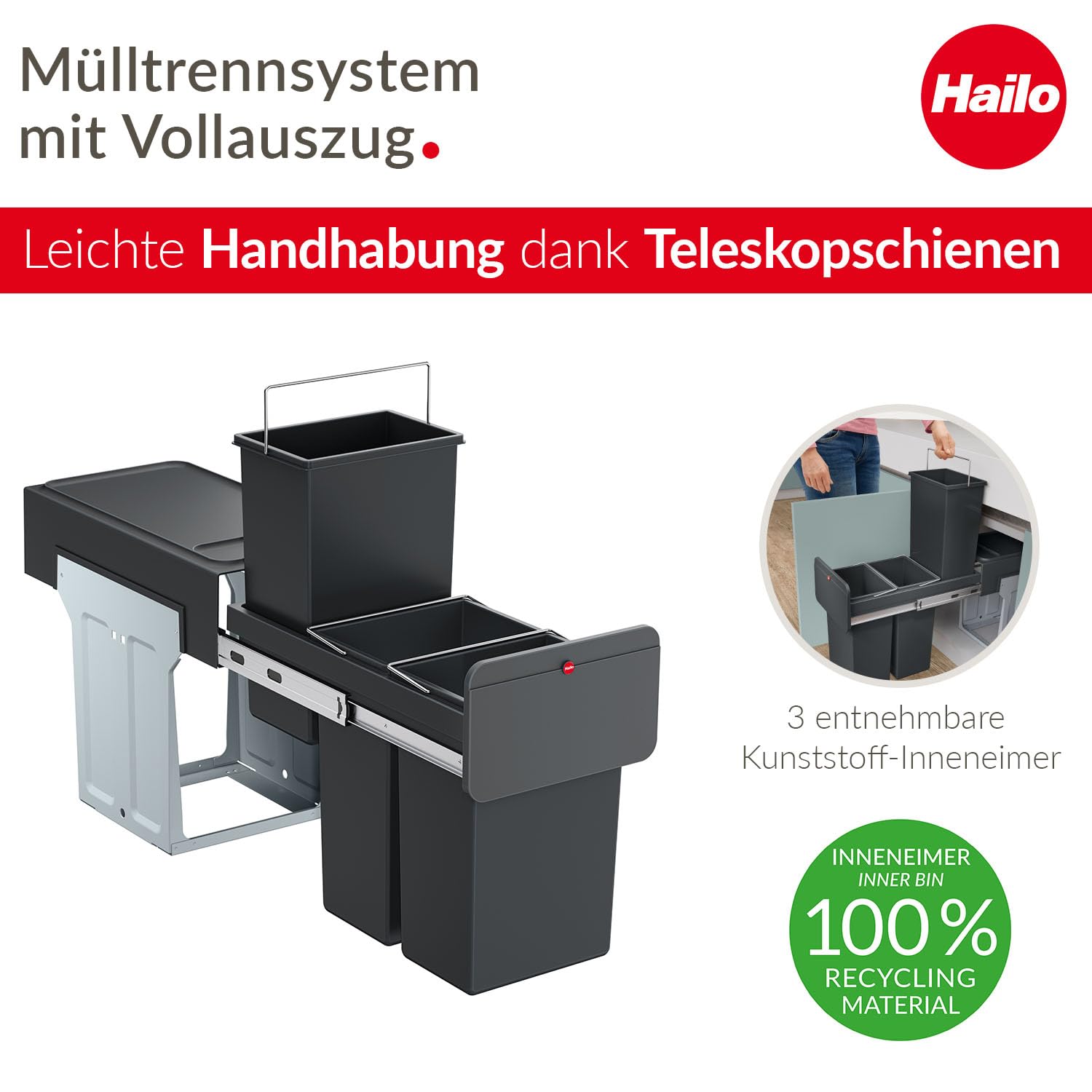 Hailo EcoLine Design Trio L Einbau-Mülltrennungs-System 3x10 Liter - Trio-Mülleimer mit Vollauszug - Stahlblech - schwarz - ab 30 cm Schrankbreite