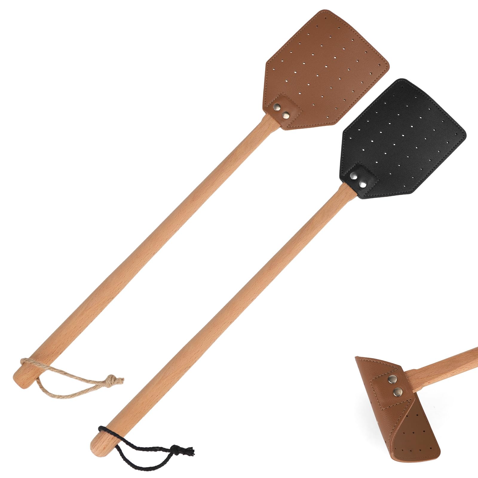 4pcs Leather Fly Wasp Bee Swatter, Long Wooden Handle Heavy Duty Manual Fly Swat Swatters with Hanging Rope for Home Kitchen Indoors Outdoors Summer Accessories Supplies(Black, Brown)-image-11