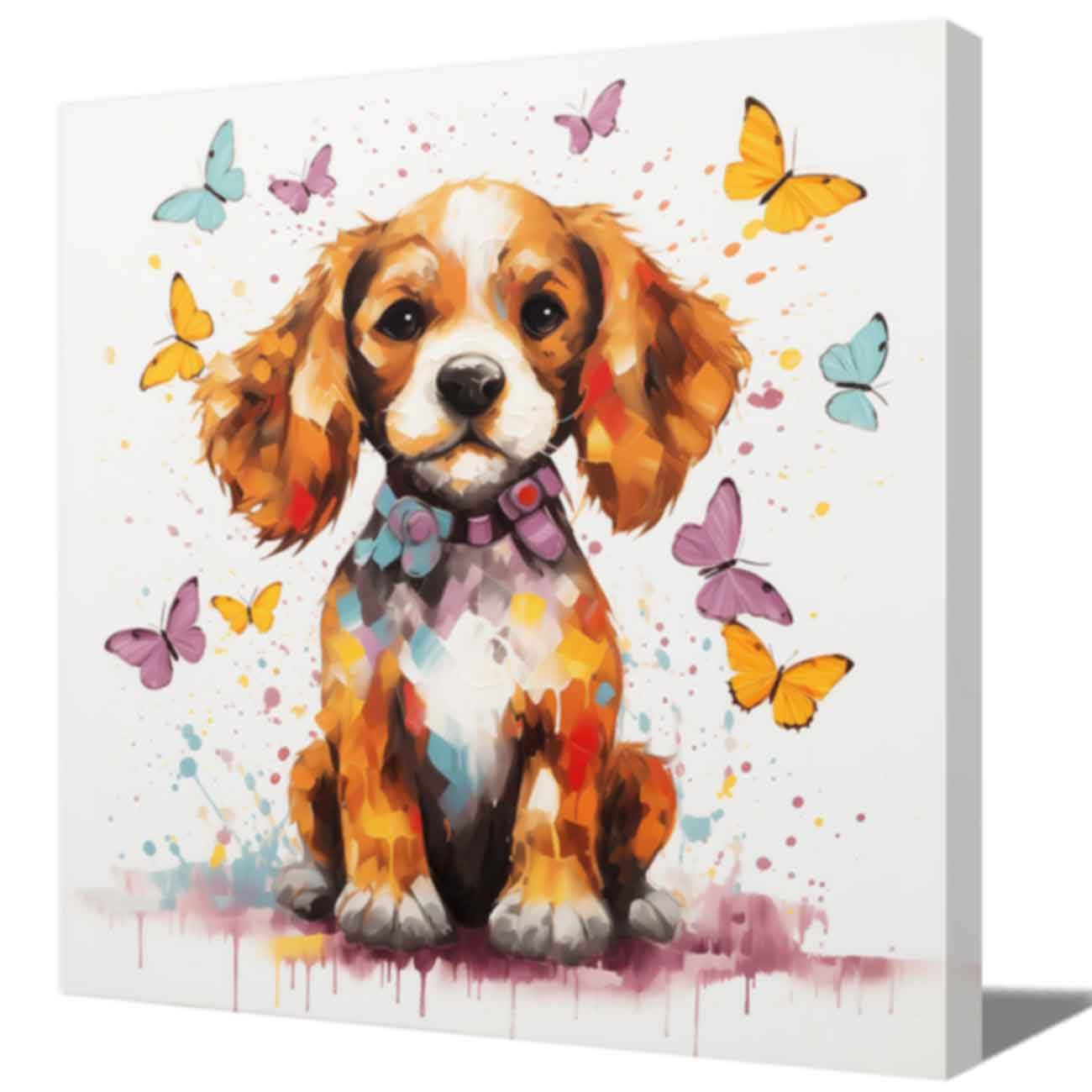 ZQQART Dog Canvas Wall Art Colorful Butterfly Pictures on Puppy Dogs Cute Animal Paintings for Nursery Baby Boy Girl Kids Room Bedroom Decor (Brown,30x30cm)