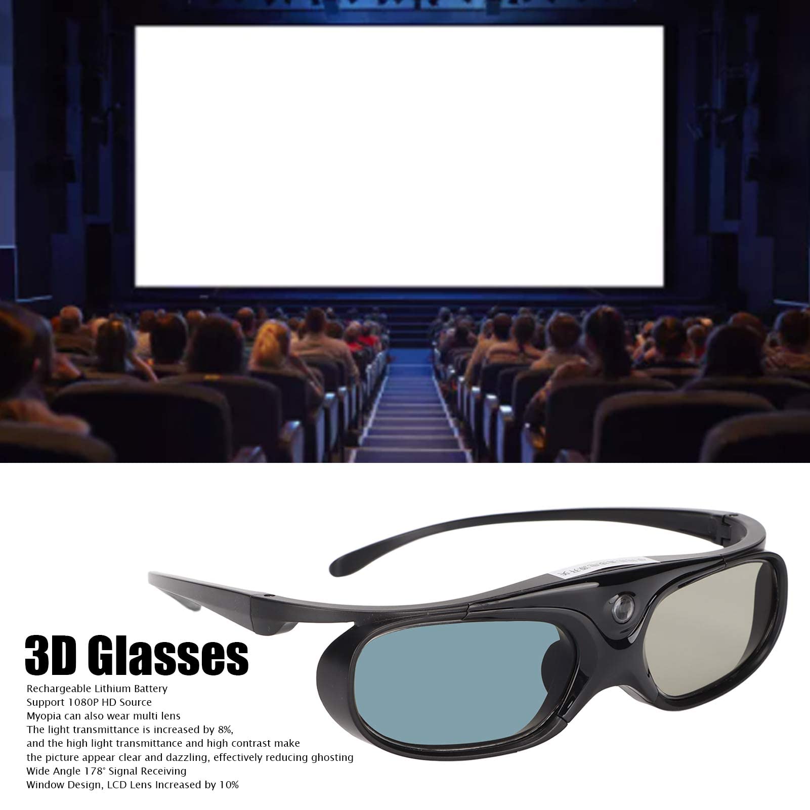 T opiky DLP okulary 3D, 1080p, 144 Hz, możliwość ponownego ładowania, DLP-Link 3D, z szerokim kątem widzenia 178°, okulary 3D z migawką 3D (czarne)
