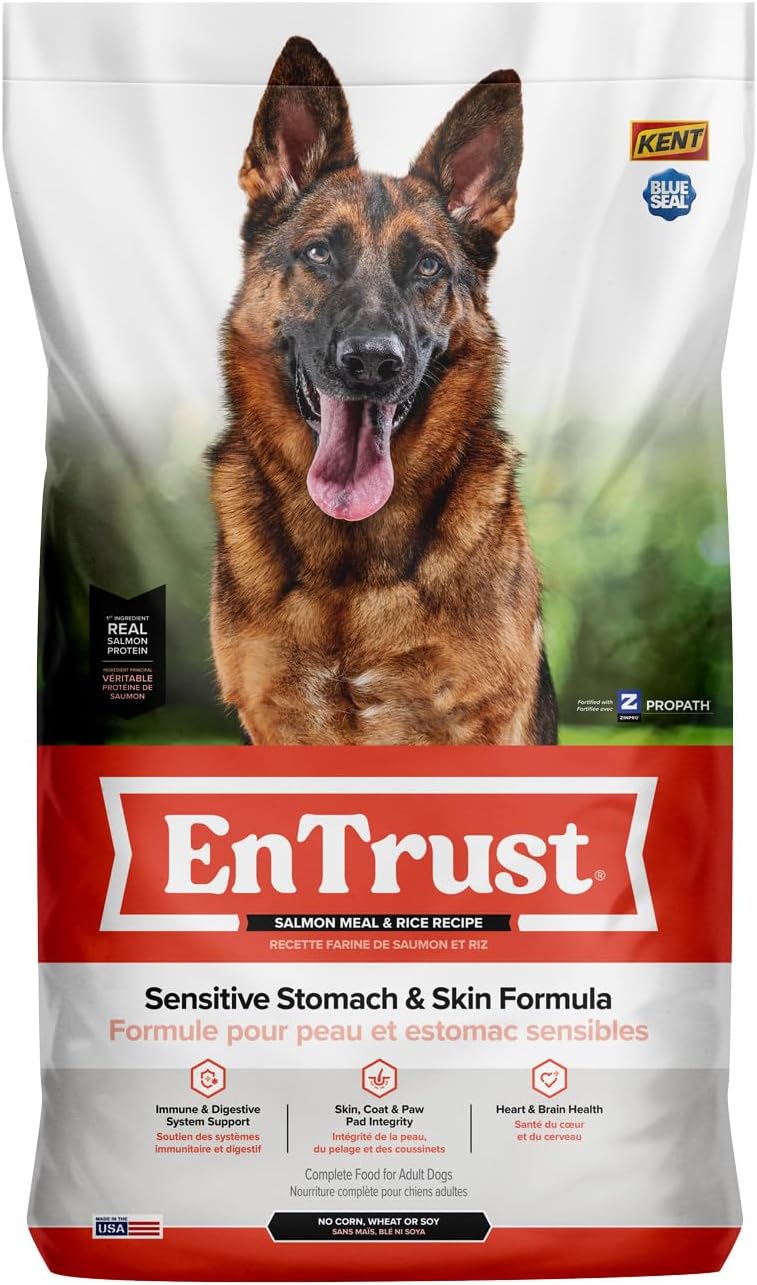 Blue Seal Entrust Sensitive Stomach & Skin Salmon Meal & Rice Adult Dog Food 35 lb. Bag|Made in The USA|Complete Nutrition| No Corn, No Wheat and No Soy Formula
