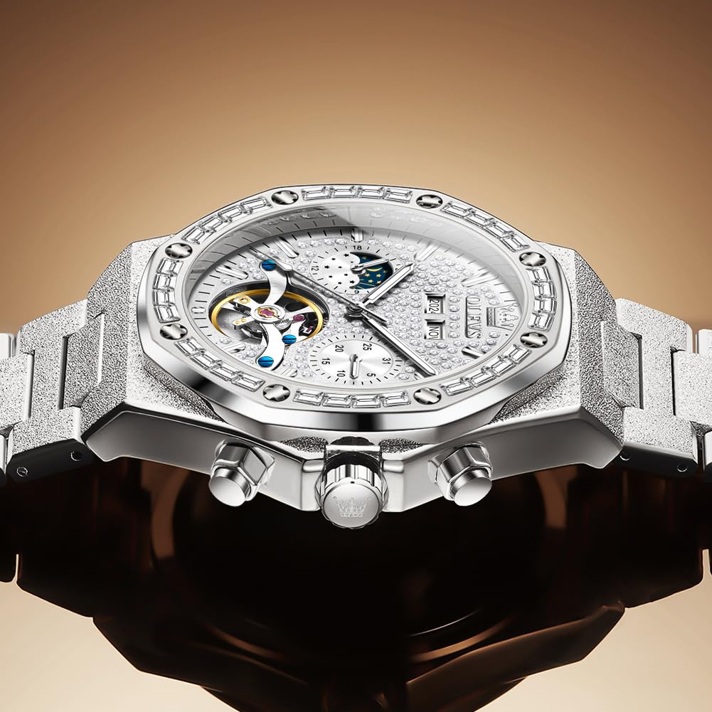 OLEVS Herrenuhr Automatik Skelettierte Luxus Diamanten Mechanische Uhr Wasserdicht Leuchtende Armbanduhr