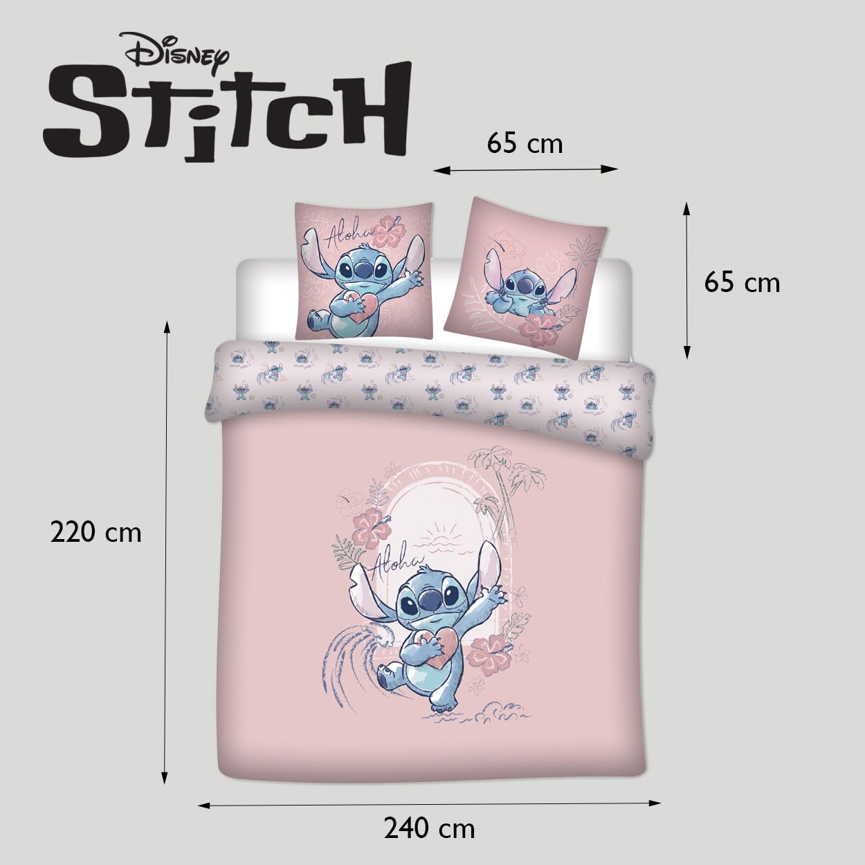 Stitch Rose Aloha Housse de Couette 240x220 + 2 Taies Coton Disney | Parure de lit 2 personnes réversible | Coton naturel respirant | Disney officiel | Cadeau couple | Lavable en machine