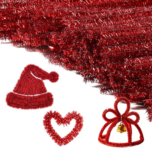 Image of Caydo 200 Pieces Glitter Red Pipe Cleaners | Thick Fluffy Chenille Stems, Pipe Cleaner Crafts for Arts & Crafts, Perfect for Making Animals, Flowers, and Home Dec