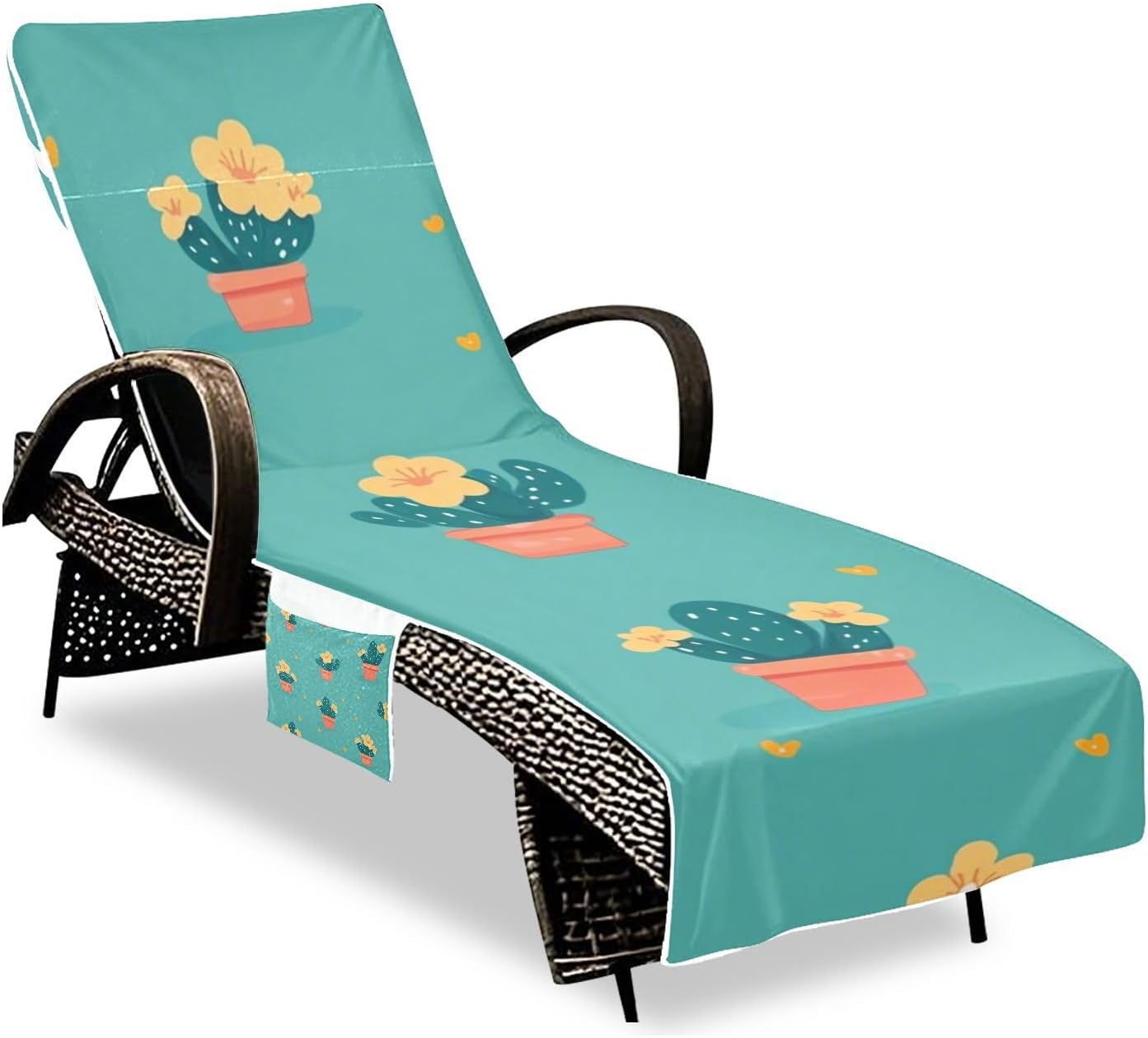 Small Flowers and Small Cactus Patio Chaise Lounge Chair Cover Soft Sturdy Outdoor Seating Covers Towels with Pockets for Outdoor Pool Beach Sunbathing, 85" X 30"