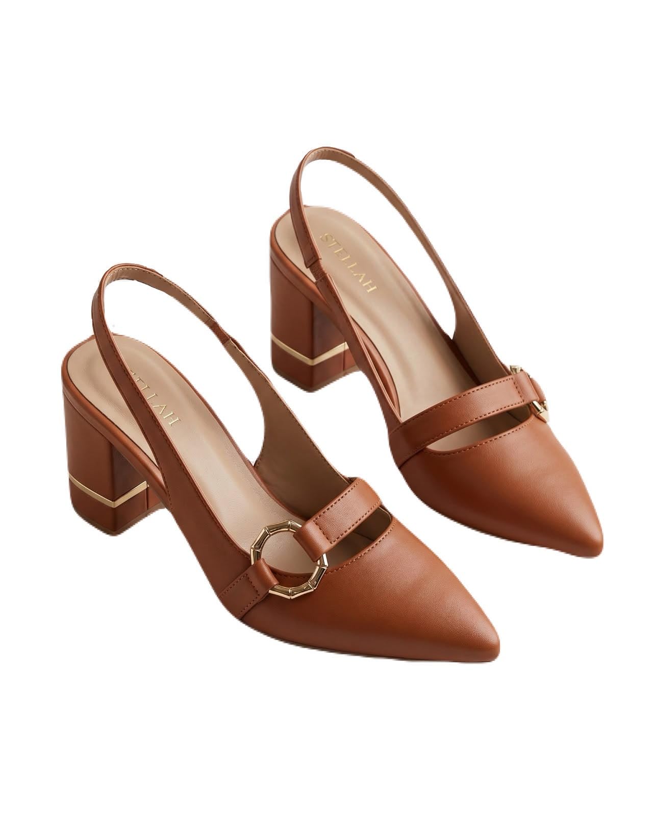 Elegant Women’s Tan Slingback Heels | Pointed Toe Block Heel Pumps with Metal Buckle Detail | Stylish Formal Footwear for Women-image-19