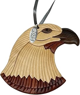 Two-Tone Intarsia Wood Bald Eagle Ornament 2025, Handcrafted Solid Piece - Great Air Force, Bald Eagle Gifts for Men, or Scout Ornament - 3" Size - Comes in Gift Box