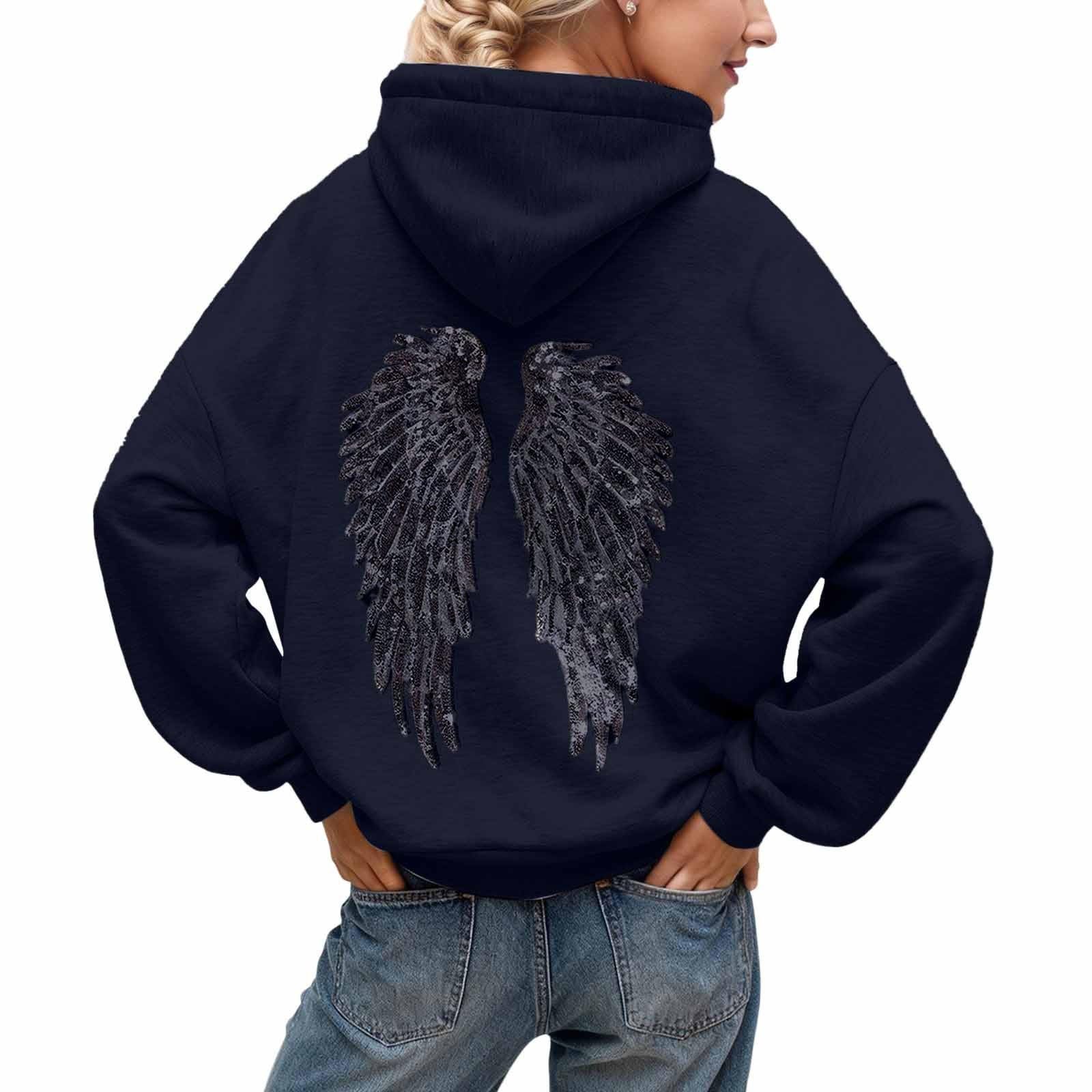 Generico Tuta Sportiva Donna Elegante 2 Pezzi, Felpa con Cappuccio e Pantaloni a Vita Elasticata, Decorato con Paillettes e Ali d'Angelo in Strass, Stile Streetwear Y2K per Autunno-Inverno