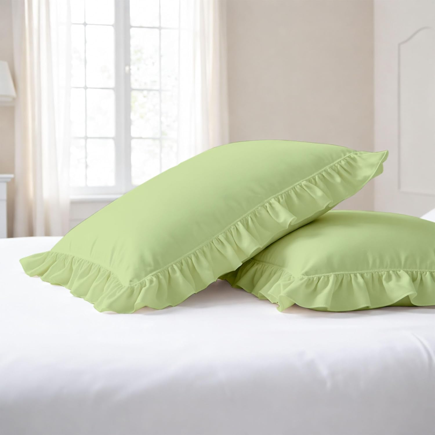 Mattress-Homes Ruffled Pillowcase Set of 2 King Size, Sage Pillow Shams with Envelope Closure Soft 100% Brushed Microfiber Ruffle Edge Pillow Covers Wrinkle Resistant Decorative Pillows