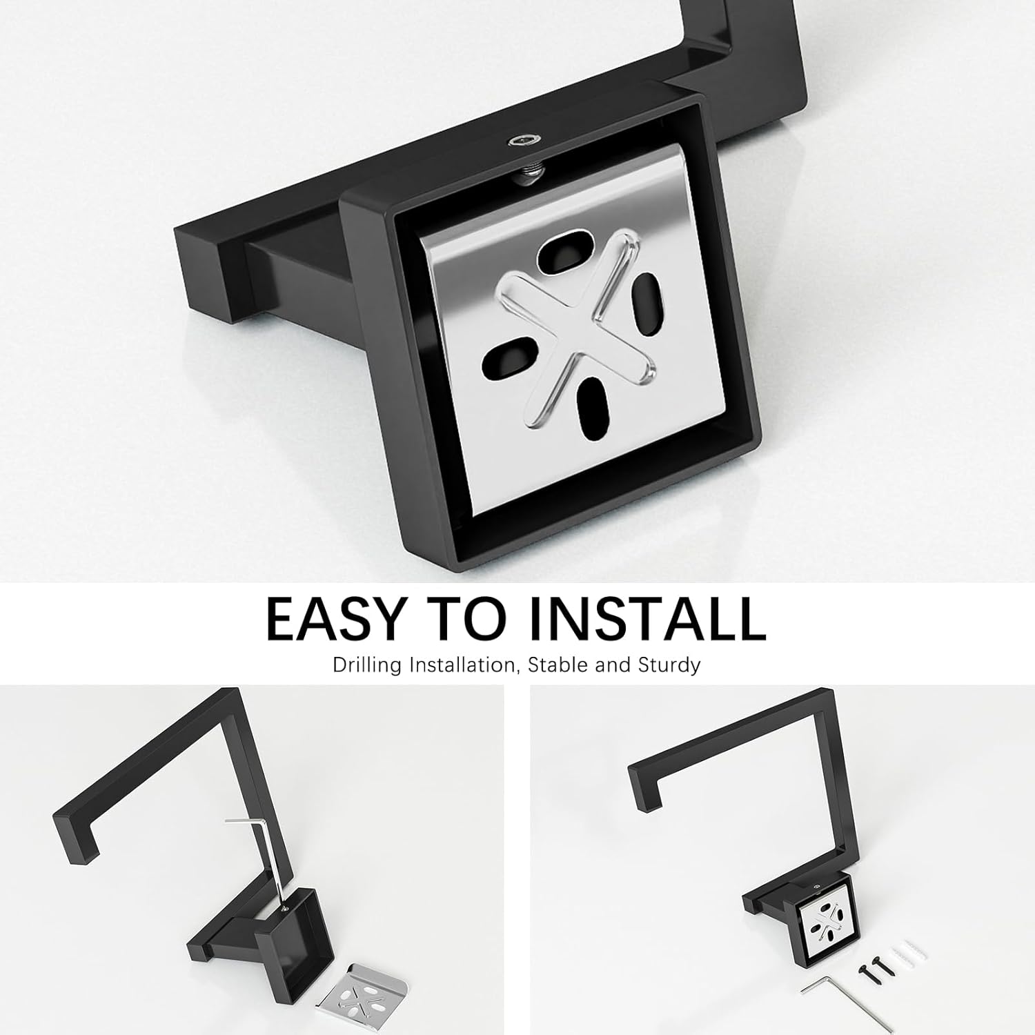 Matte Black Square Towel Ring, Multifunctional Toilet Paper and Hand Towel Holder for Bathroom Wall Mount, Stainless Steel Heavy Duty Towel Hanger for Shower, Kitchen, Toilet