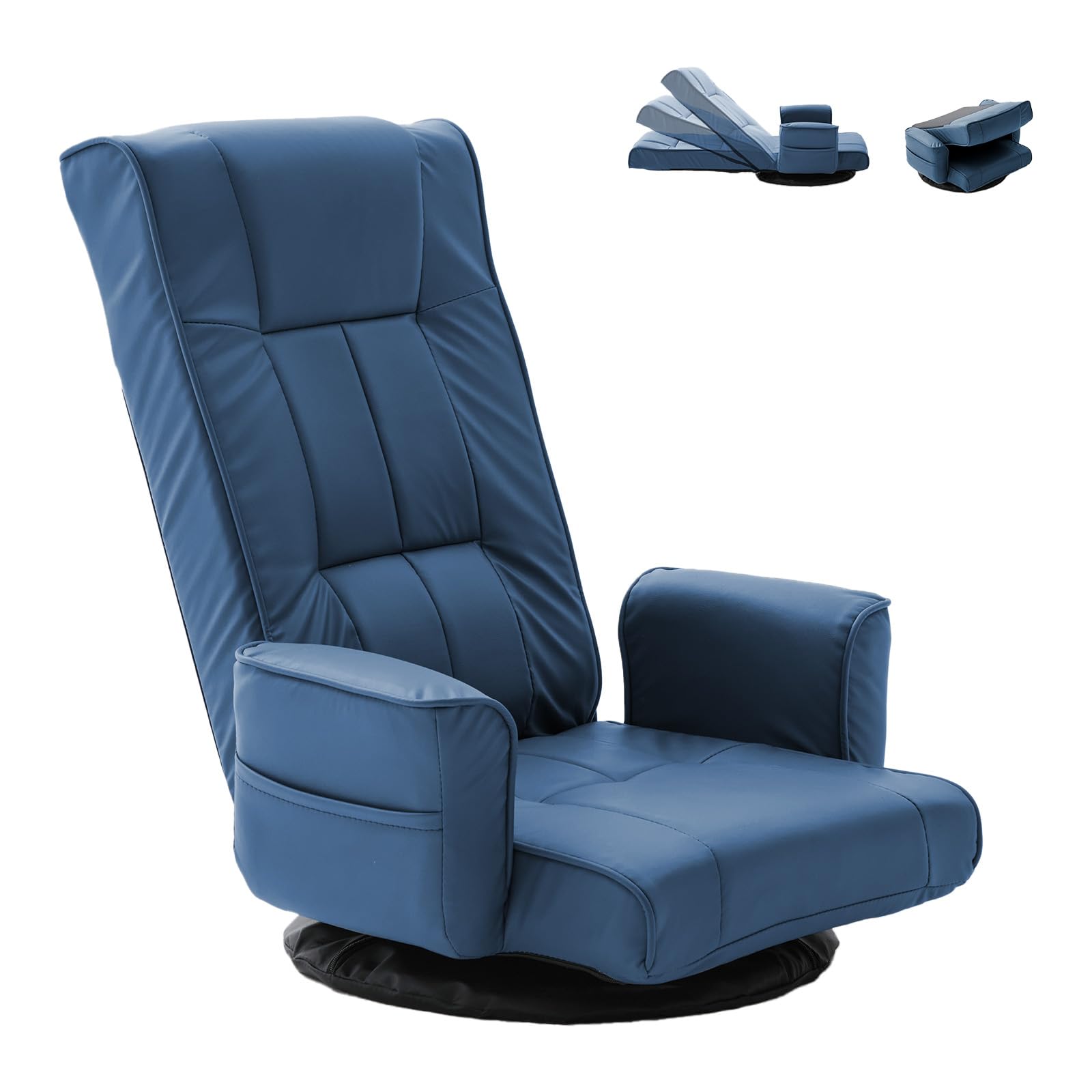 FLOGUOR 360° Swivel Gaming Floor Chair with Armrests – 14-Position Adjustable Folding Floor Sofa Lounger, Padded Backrest, Multi-Angle Recline for Home, Living Room &amp; Office (Blue)