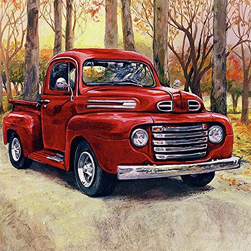 F-CANLAN Round Full Drill Diamond Painting Set, 5D DIY Red Truck Paint with Diamonds Truck Diamond Art Kits with Diamonds Dots for Children Diamond Painting Kit for Adult Room Decor (12X12 inches)