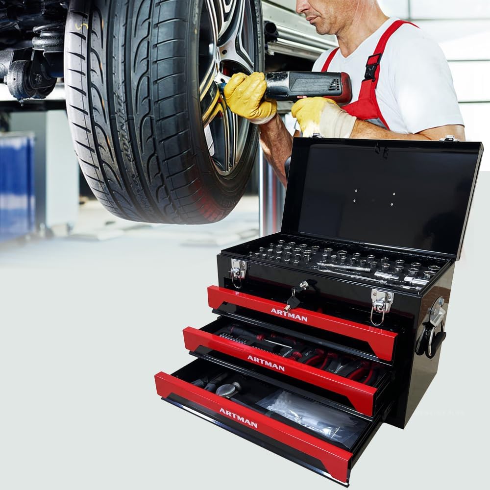 20'' Portable 3-Drawer Steel Toolbox, 4 Layers of Tools with Metal Latches, with Top Storage Tray and carrying Handle, Multi-Function Tool Storage for Garage, Home, or Workbench,Black&Red (Red)