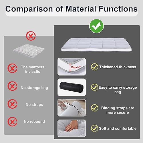 Miniatura 7 de Tiita Colchón de futón plegable de 4 pulgadas de grosor con bolsa y correa, tapete de cama para invitados, tumbona y tabel, gris, tamaño Queen