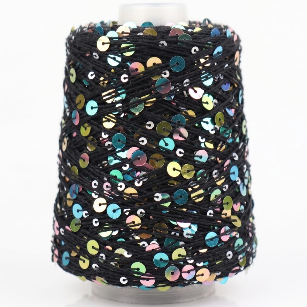 Nukinp Sequin Yarn, 200g Sequin Yarn for Crocheting, 656 Yards Cotton Sparkle Yarns with 6mm Sequins (Black), &1