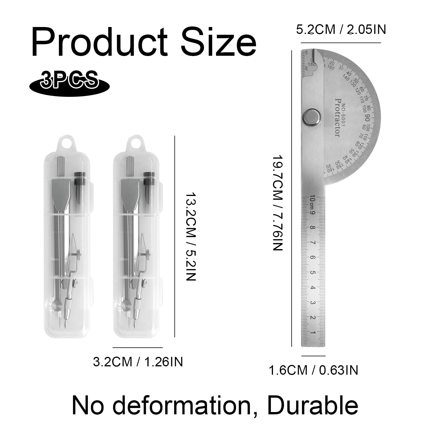 Protractor and Compass Set - 10cm (3.94 Inch) Stainless Steel Angle Finder with 2 Metal Compasses, 180° Adjustable Two Arm Ruler for Geometry, Woodworking, Engineering & School Supplies