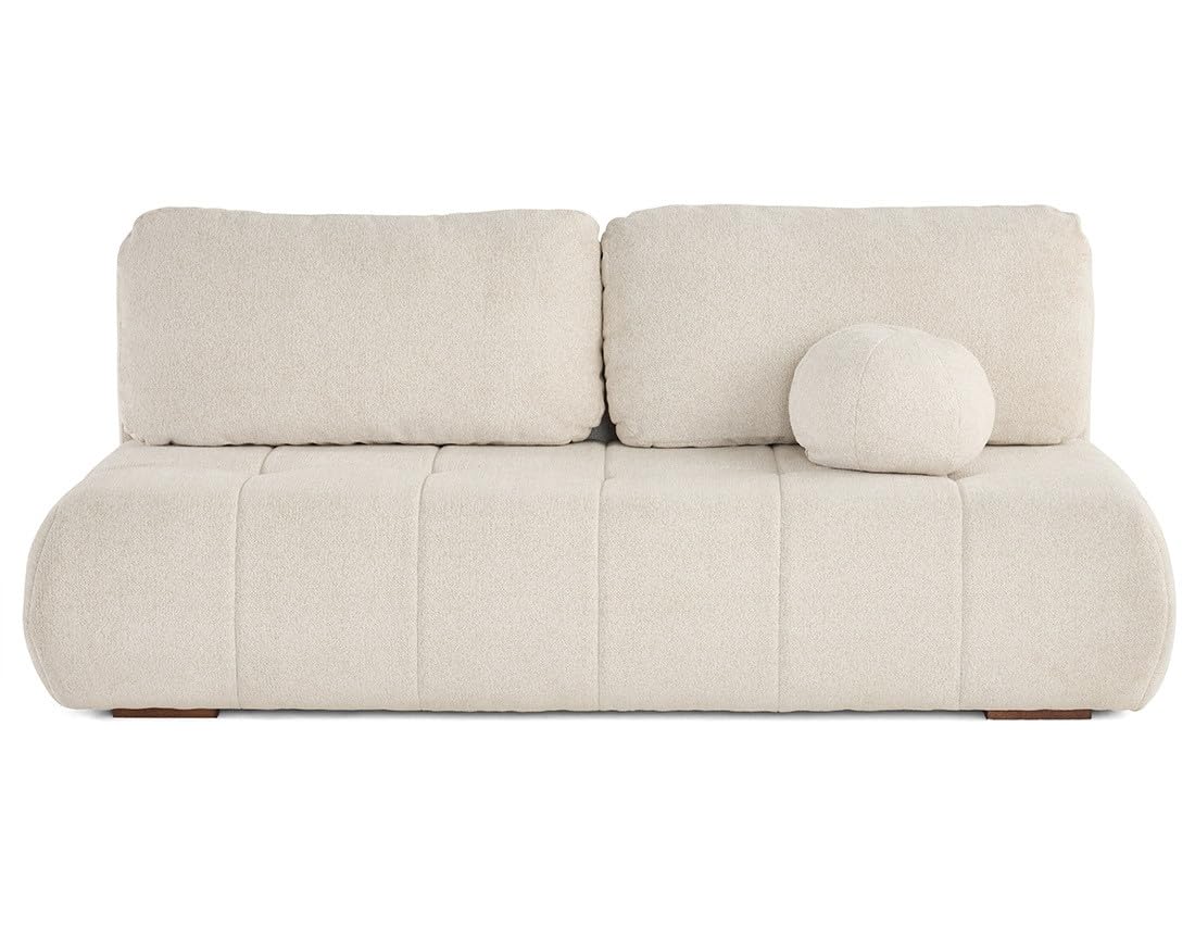 Best Mobilier – Bowie – 3-Sitzer-Sofa ausklappbar, Truhe + rundes Kissen, inklusive strukturiertem Stoff, Beige