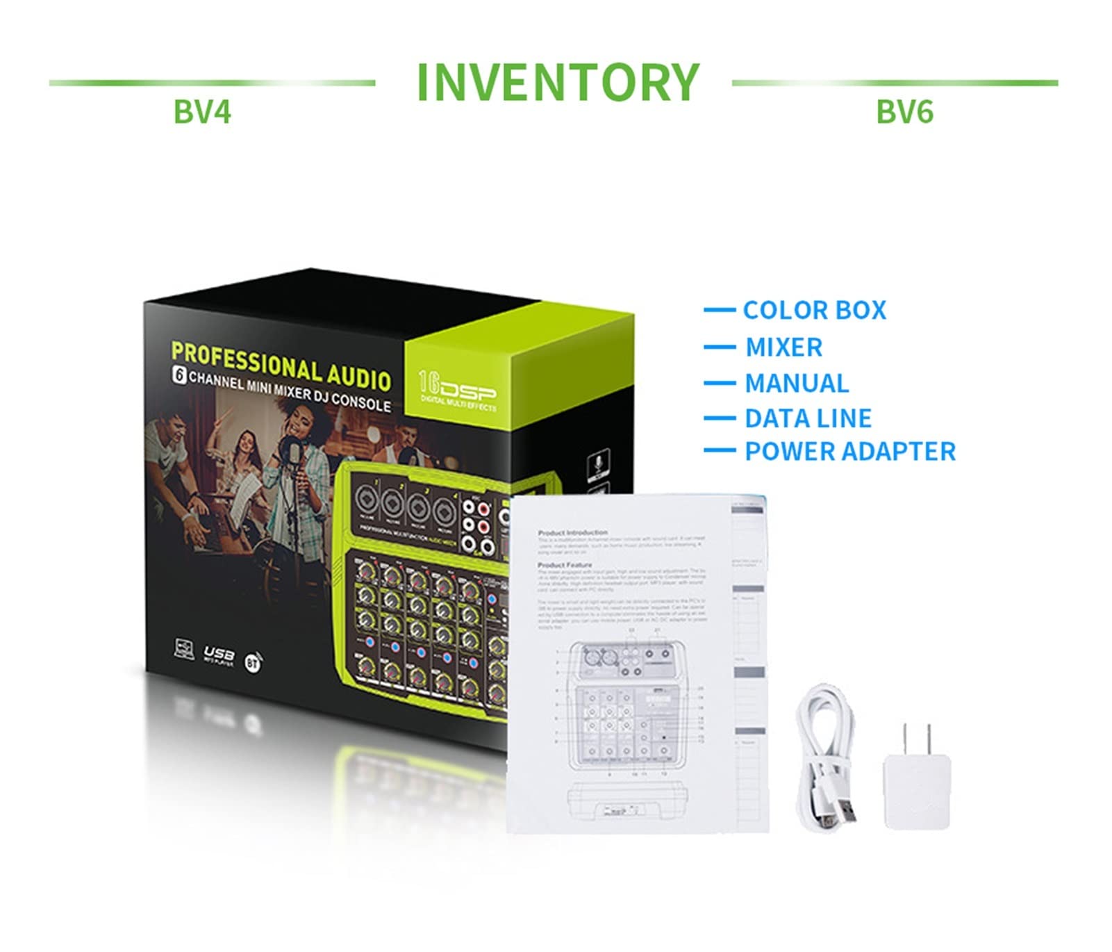 Attrezzatura per DJ per Feste Conferenza for Esterni con Mixer Audio a 6 canali USB Processore Audio Reverb Bluetooth cantare dal Vivo con Sound Card Mixer(BV6 Yellow)