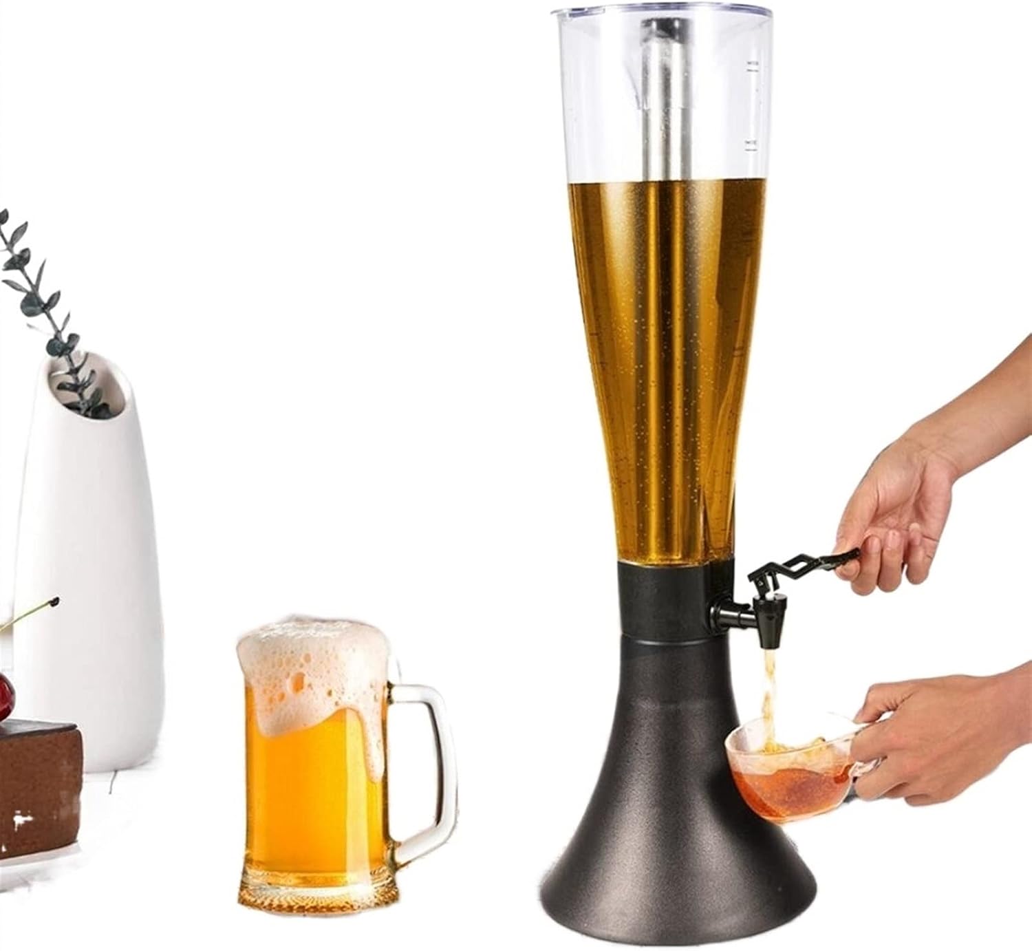 Beer Tower Dispenser 4L Red Plastic Gravity Beverage Dispenser with Ice Tube Chill Rod