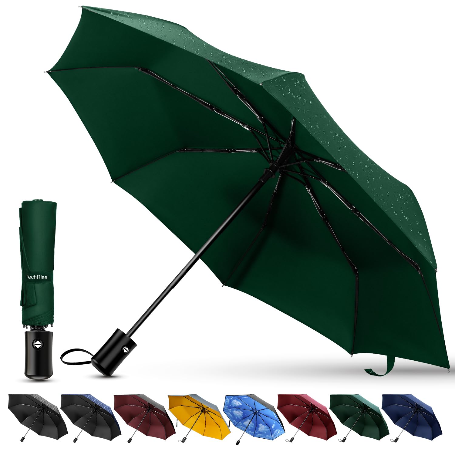 TechRise Umbrella, Compact Strong Windproof Automatic Umbrellas, Folding Lightweight, Portable Travel Golf Umbrella for Rain, Green