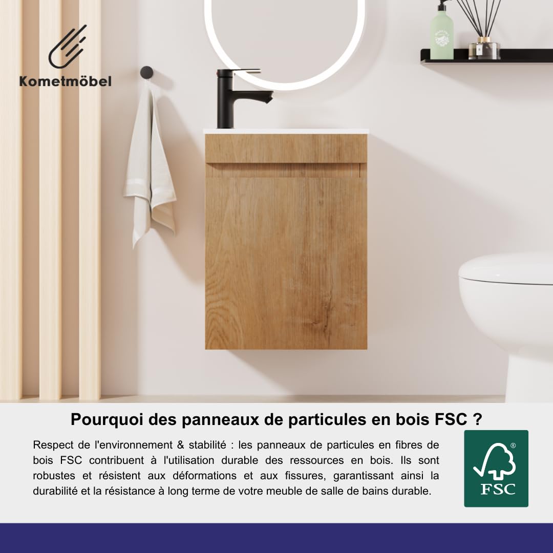 Meuble Lave Mains WC Meuble lavabo 40cm déjà monté (Chêne 40cm, sans Mitigeur)