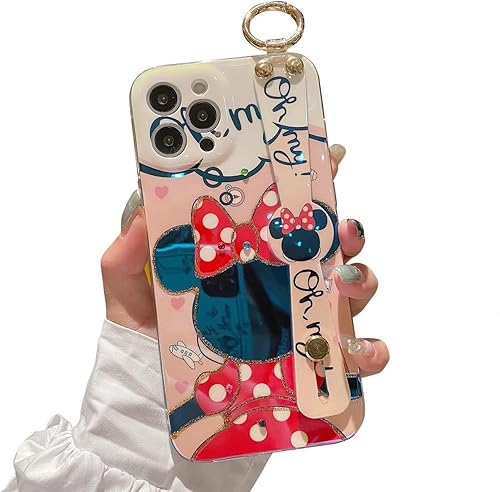 Funda para iPhone 15 Pro linda con correa de muñeca con función atril y purpurina de dibujos animados IMD de silicona TPU a prueba de golpes para