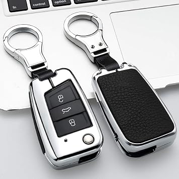 ontto Stylish Key Fob Cover Fit for VW Flip Key Case Key Protector Metal Key Shell Leather Key Skin Fit for Skoda Polo Jetta Golf 7/GTI 7/Golf R R20/MK7 3-Button1 keycover&1 Keychain Black