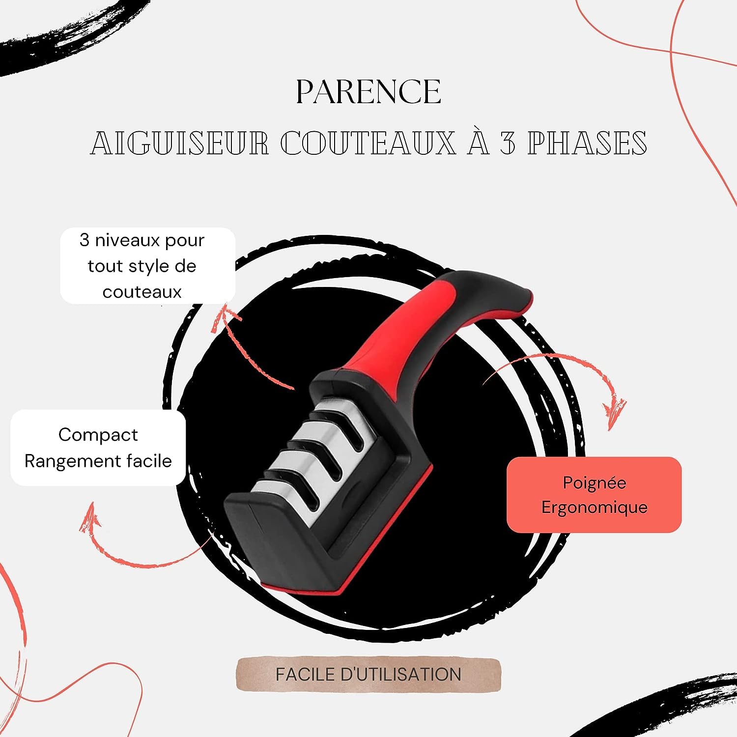 PARENCE - Easy Sharp 3-fazowa ostrzałka - do noży kuchennych - profesjonalny rezultat/ergonomiczna konstrukcja - kamień ceramiczny/węglik/diament - czarny/chrom