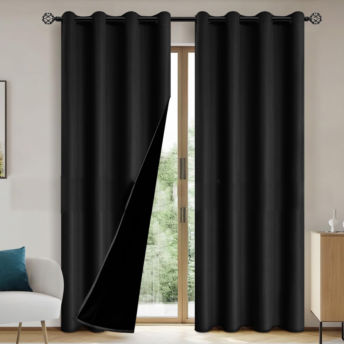 Rideau occultant isolant thermique avec oeillets 100x250 | Panneau polyester noir fenêtre