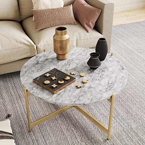 Nathan James Piper Faux White Marble Round Modern Living Accent Side Or Coffee, Sofa Center Table For Dining Room/Tea With Metal Frame, Gold Brass #TOP4