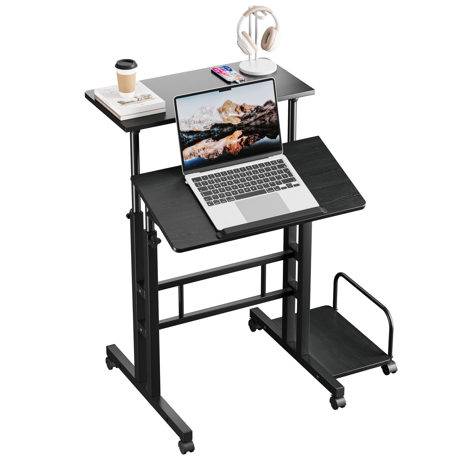 Dripex 60 x 60 cm, scrivania regolabile in altezza, scrivania mobile per computer con 4 ruote, tavolo per computer portatile, tavolo inclinabile, per casa, ufficio, nero