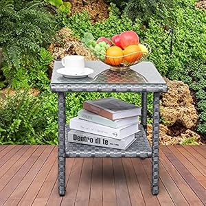 Valita Outdoor PE Wicker Side Table Glass Top Garden Poolside Small Patio Rattan Furniture Square End Table Gray