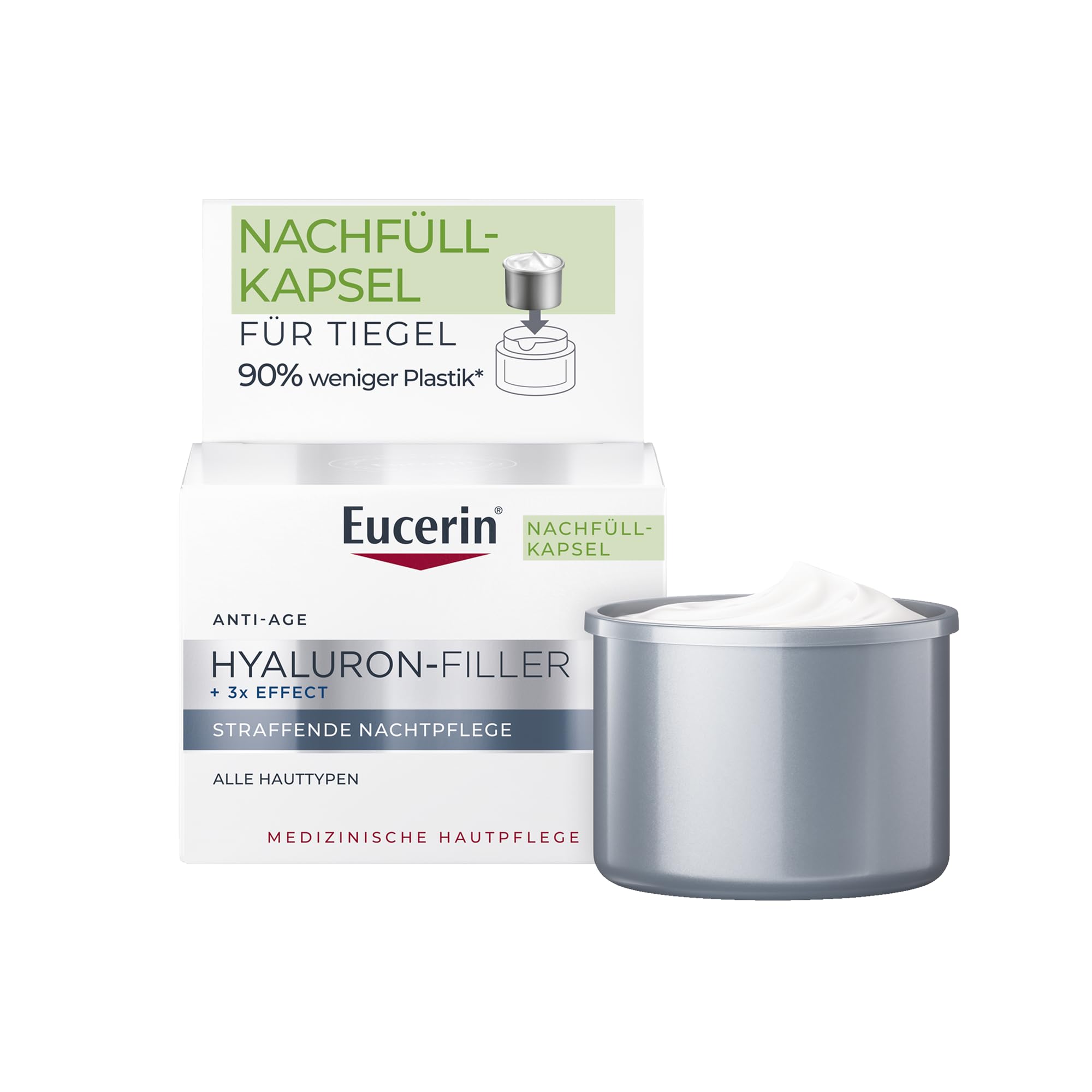 Eucerin Hyaluron-Filler + 3x Effect Nachtpflege Nachfüllkapsel 50 ml, straffende Gesichtscreme regeneriert die Haut über Nacht und mildert Falten, Anti Aging Creme mit Hyaluronsäure
