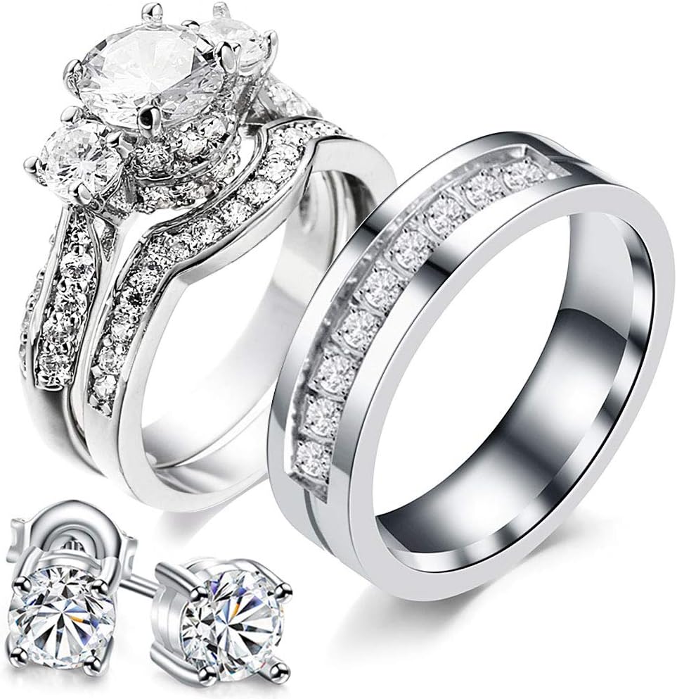 XAHH His and Hers Couples Matching Rings Women's 2pc White Gold Filled Round CZ Engagement Wedding Ring Bridal Sets & Men's 316L Stainless Steel Wedding Band