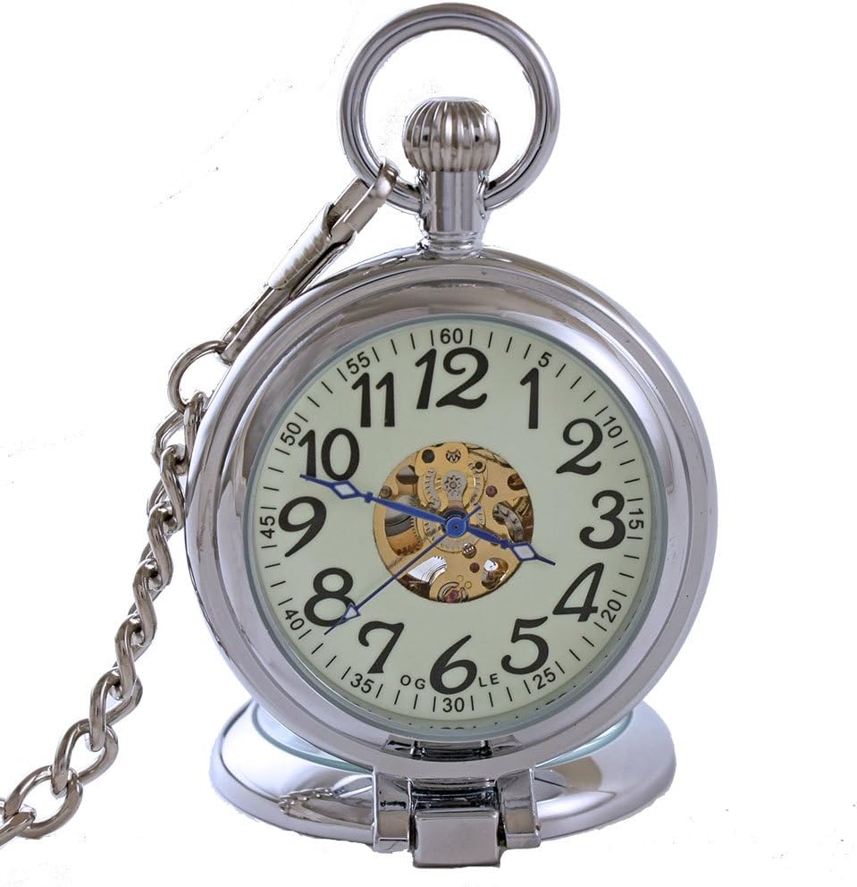 OGLE Waterproof Silver Magnifier Luminous Chain Fob Self Winding Automatic Skeleton Half Hunters Mechanical Pocket Watch