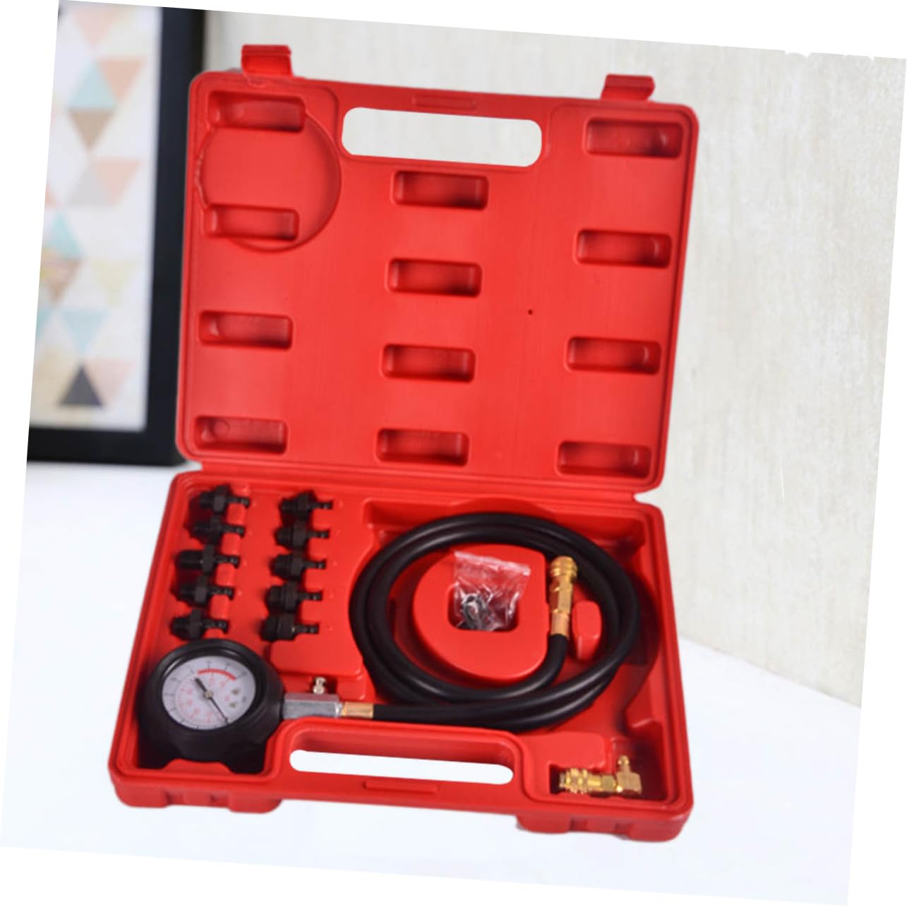 Engine Oil Pressure Tester Kit with Rubberized Gauge Protector Hose and Adapters for Engine Diagnostics and Oil Pump Pressure Testing