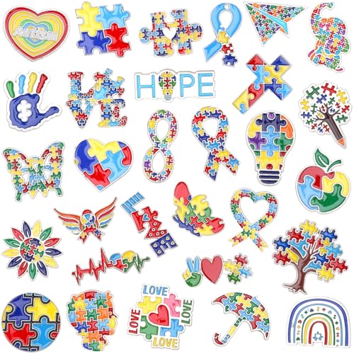 Image of SANNIX 60Pcs Autism Awareness Pins, Autism Lapel Pin Autism Puzzle Enamel Brooch Badge fo Autism Awareness Support Events Clothing Bag Hat Accessories, 30 Styles