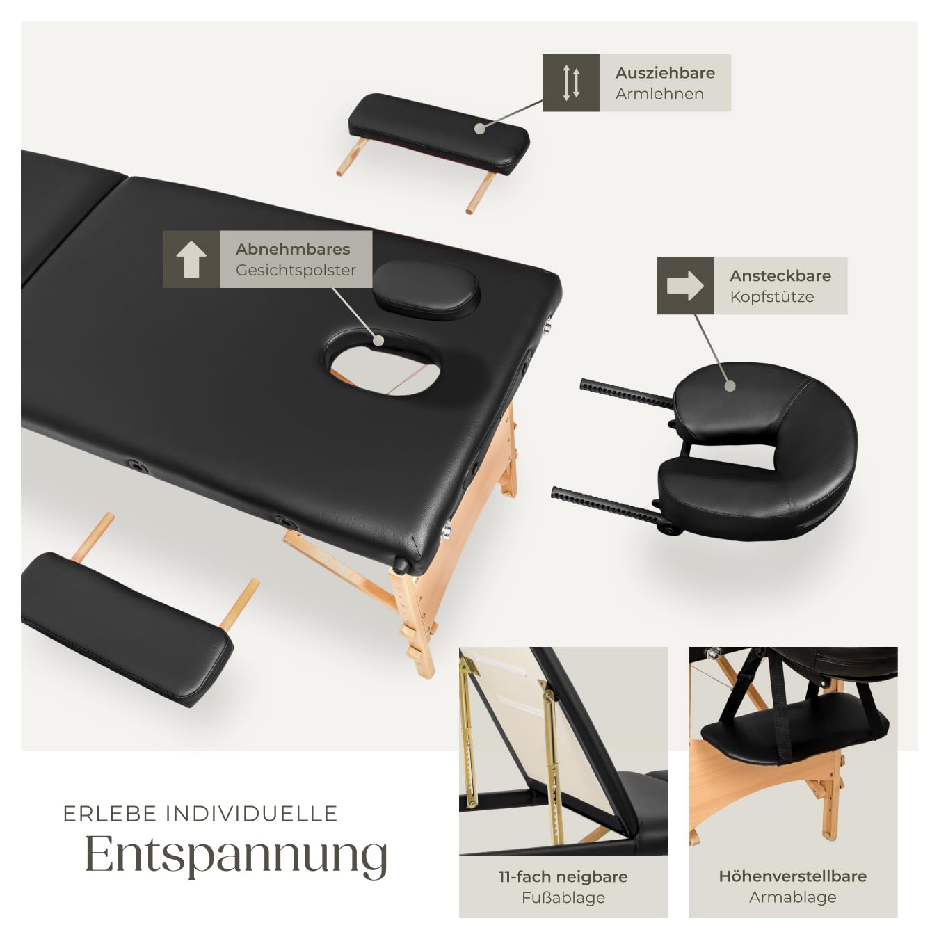 tectake® Mobile Massageliege 3 Zonen, höhenverstellbar, klappbar, Zubehör Kopfstütze, Tasche, belastbar bis 250kg, Möbel für Kosmetik, Massage, Tattoo Zubehör, Physiotherapie Zubehör - schwarz