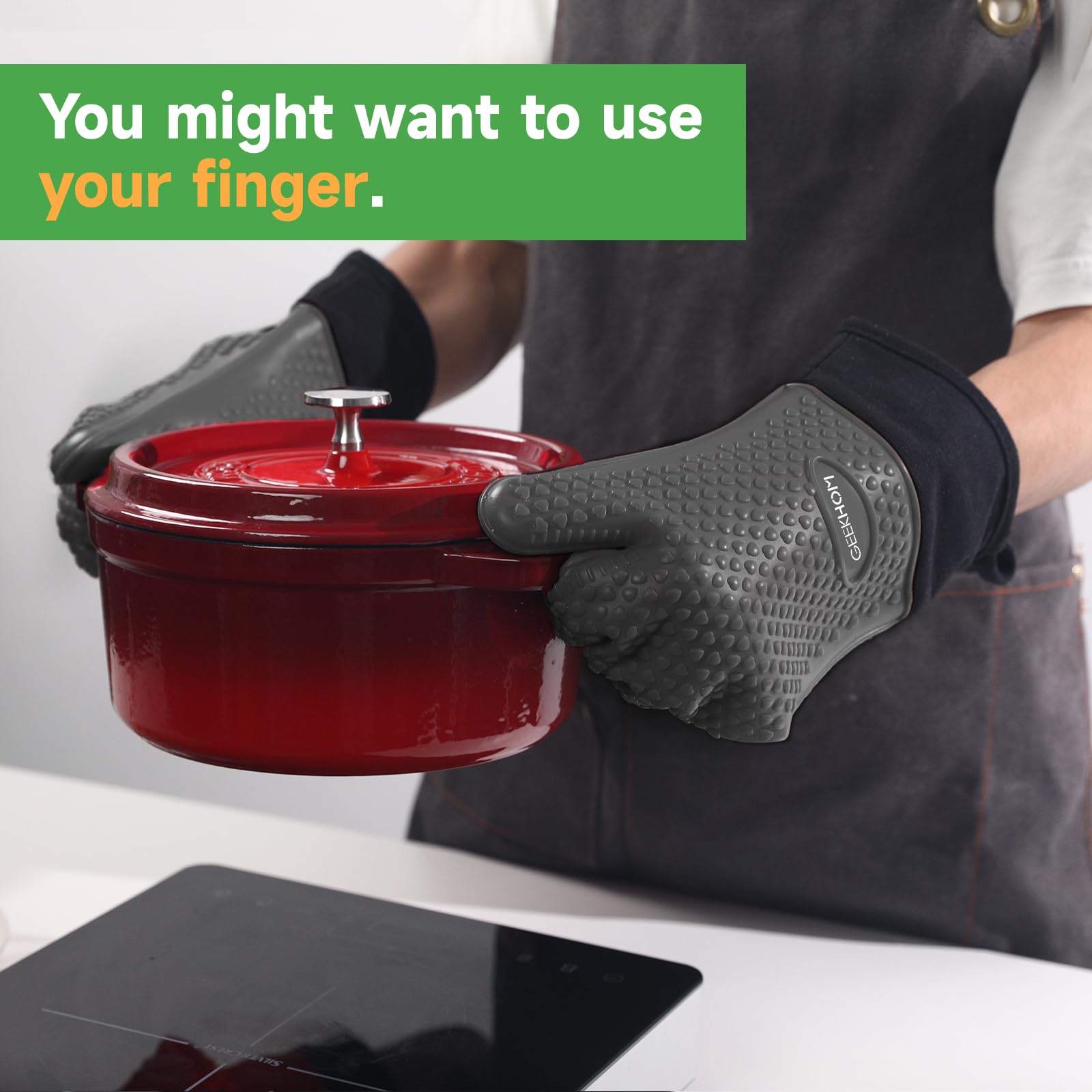GEEKHOM Guantes Cocina, XL Guantes Horno, Manoplas para Barbacoa Asado BBQ, Resistentes al Calor hasta 230℃ con Silicona Antideslizantes Impermeable, 35.56cm Largo para Proteger El Antebrazo -Gris