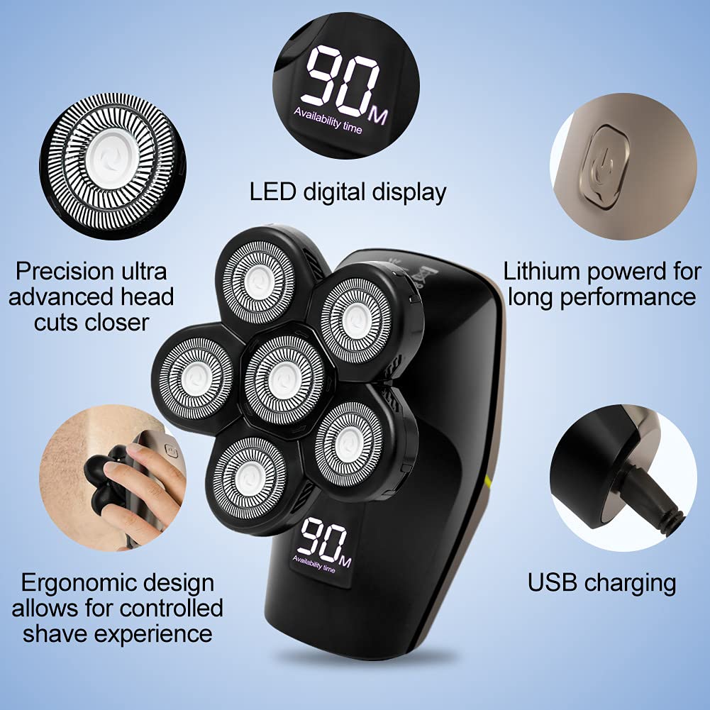 SURKER Rasoio elettrico rotante 6 in 1 da uomo con testa calva, kit di toelettatura elettrico multifunzionale, ricaricabile tramite USB, tagliacapelli impermeabile e senza fili, schermo LED