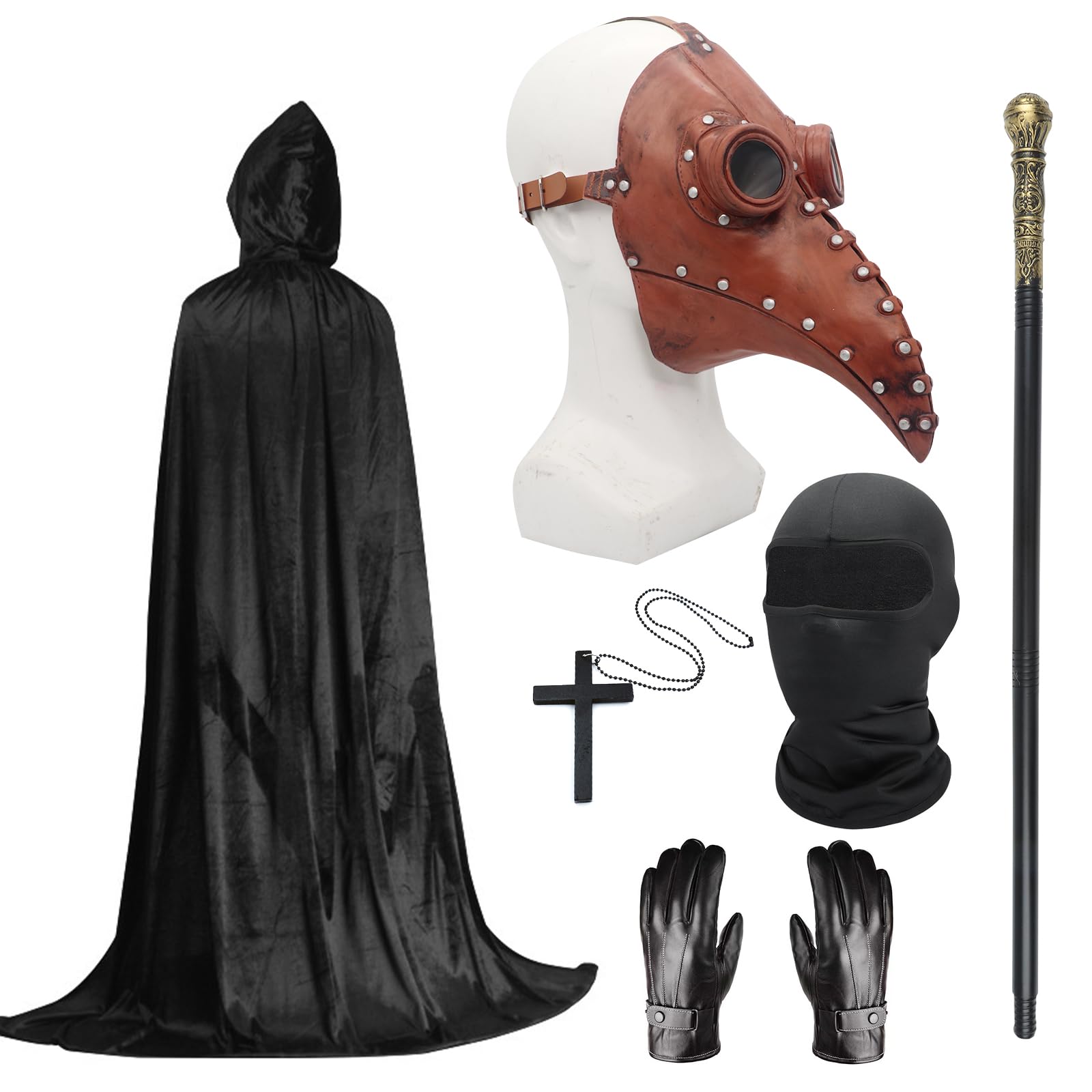 Plague Doctor Costume Set, Halloween Mask Long Nose Beak Mask Black with Black Hooded Cloak Cross Necklace Gloves Cane Full Face Mask for Halloween Party, Punk Carnival, Masquerade