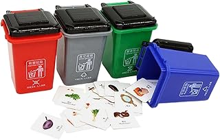 Tiny Garbage Can Sorting Toy Educational 4 Trash Cans with 108 Garbage Sorting Cards Curbside Garbage Bin Recycling Toy for Boys Kids Girls, Small