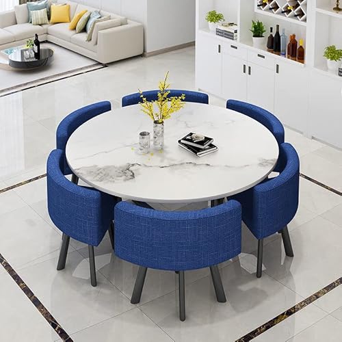 ダイニングテーブルと椅子の組み合わせシンプルモダンな家庭用ダイニングテーブルインスタイル北欧の小さなアパート(製品にはガラスプレートと装飾は含まれていません) (マーブル模様+ブルークロスチェア/テーブル×6脚/1.2m)