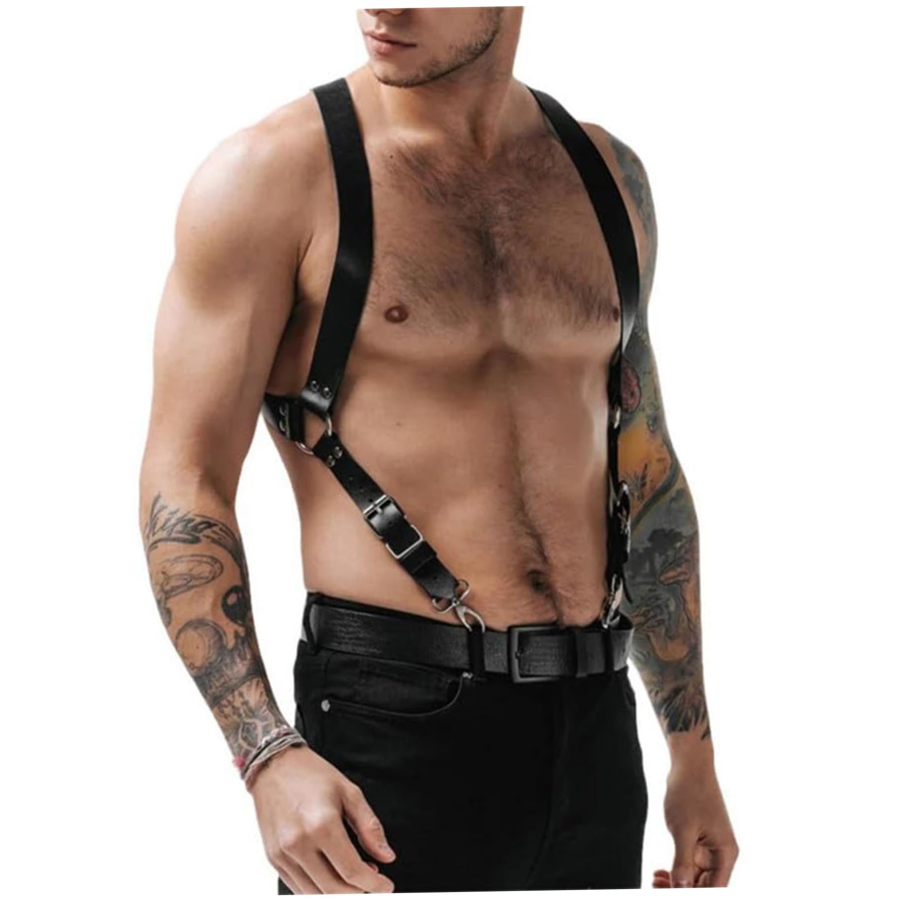 NIDONE Arnés para hombres Sexy Attetable Chest Arnés de cuero PU negro con clip Cuerpo de servicio pesado para la camisa de los hombres, rendimiento del club nocturno y más, para