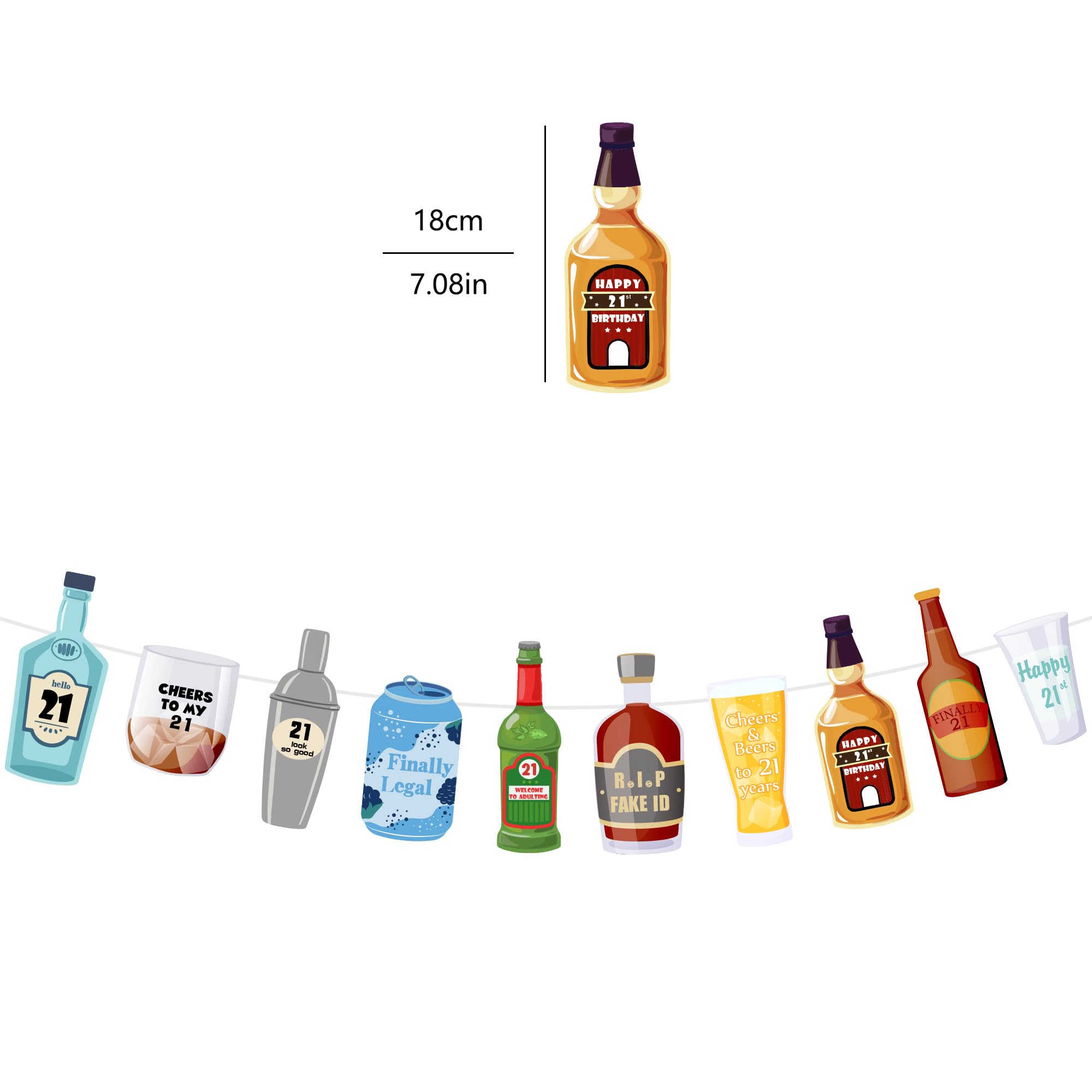 Condition photo showing New/Like New for Pre-Strung Whiskey Beer Soda Bottles and Glasses Banner, Happy 21st Birthday Decorations for Him, 21 Year Old Party Decor for Men