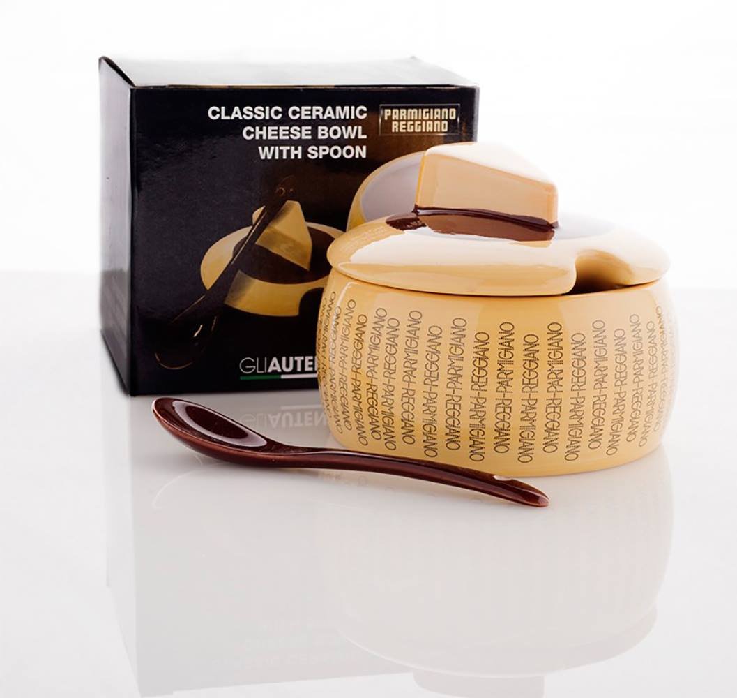 Parmesandose zur Aufbewahrung von Parmesankse aus Keramik, fr 150g Kse  mit Lffel zum perfekten Portionieren (5)